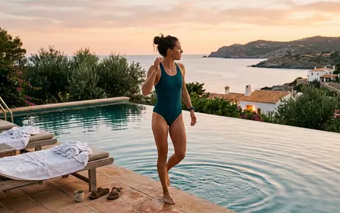 Fotorealistische Aufnahme von Sportbadeanzug am Pool zum Thema Roxy Active Badeanzug Damen, warmes Abendlicht - Foto: THN