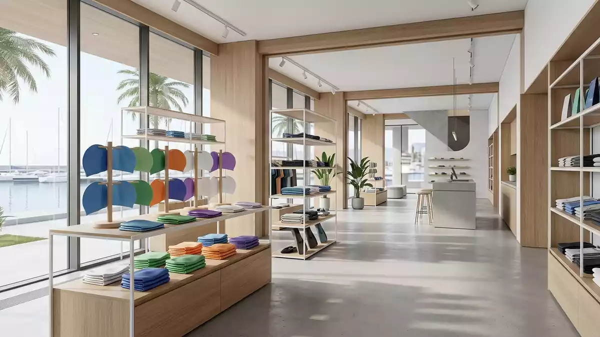 Architektur-Render im Bademodenladen mit Badekappe im Ausstellungsbereich, neutral