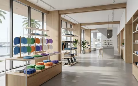 Architektur-Render im Bademodenladen mit Badekappe zum Thema Speedo Long Hair Badekappe, neutrales Tageslicht - Foto: THN