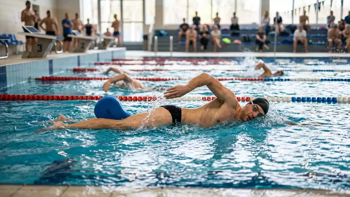 Fotorealistische Ansicht von Pullboje beim Bahnenschwimmen in realer Umgebung, neutral