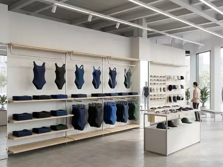 Architektur-Render im Bademodenladen mit Wettkampfbadeanzug zum Thema Speedo Fastskin LZR Pure, neutrales Tageslicht - Foto: THN