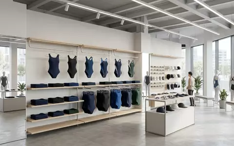 Architektur-Render im Bademodenladen mit Wettkampfbadeanzug zum Thema Speedo Fastskin LZR Pure, neutrales Tageslicht - Foto: THN
