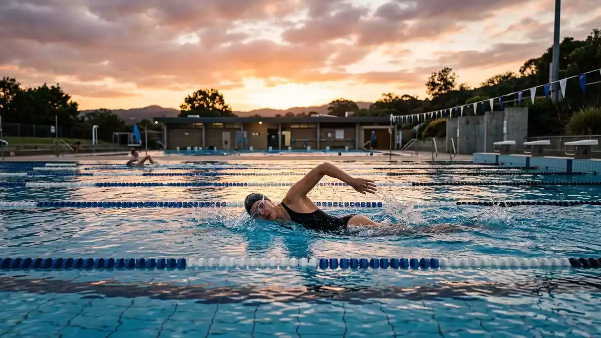 Fotorealistische Ansicht von Wettkampfbadeanzug im Freibad in warmem Abendlicht