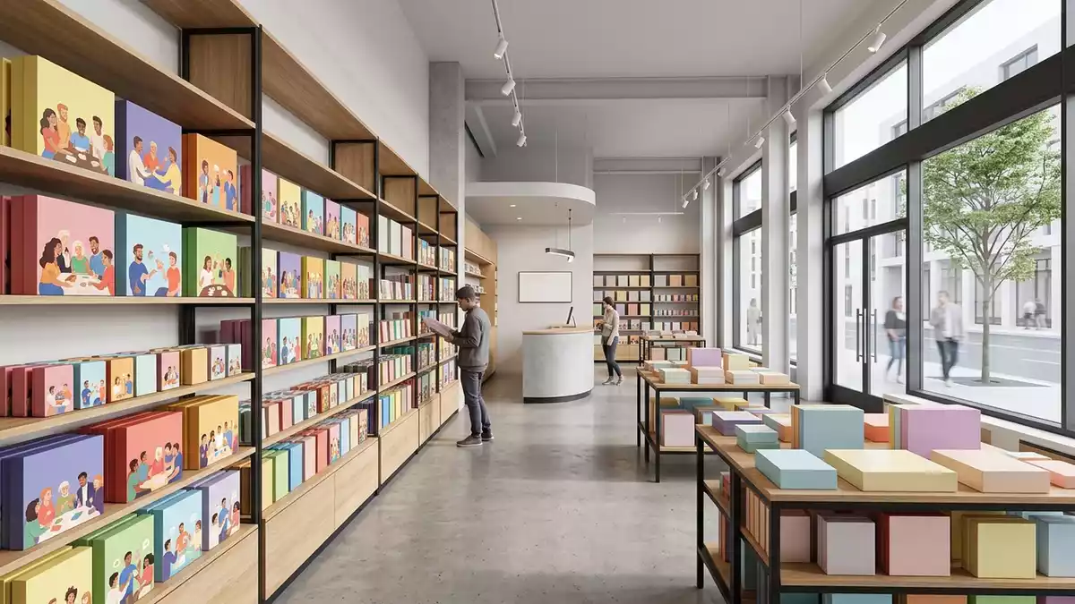 Architektur-Render im Brettspielladen mit Kartenspiel im Ausstellungsbereich, neutral
