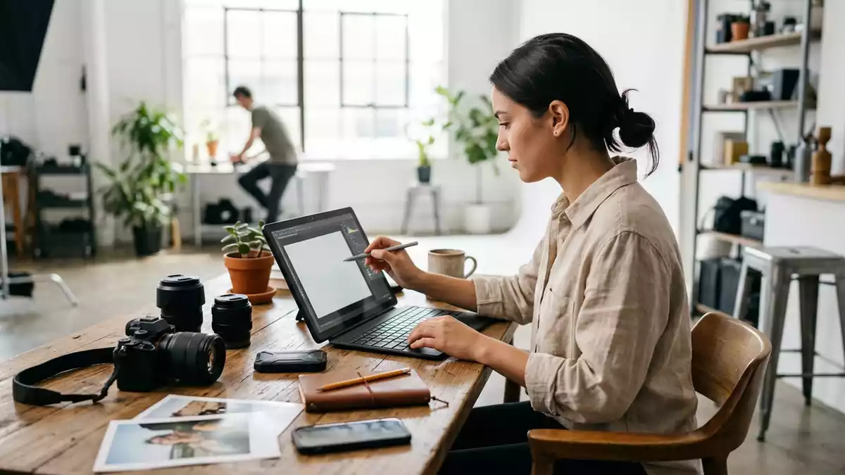 Fotorealistische Ansicht von Tablet Computer im Fotostudio in realer Umgebung, neutral