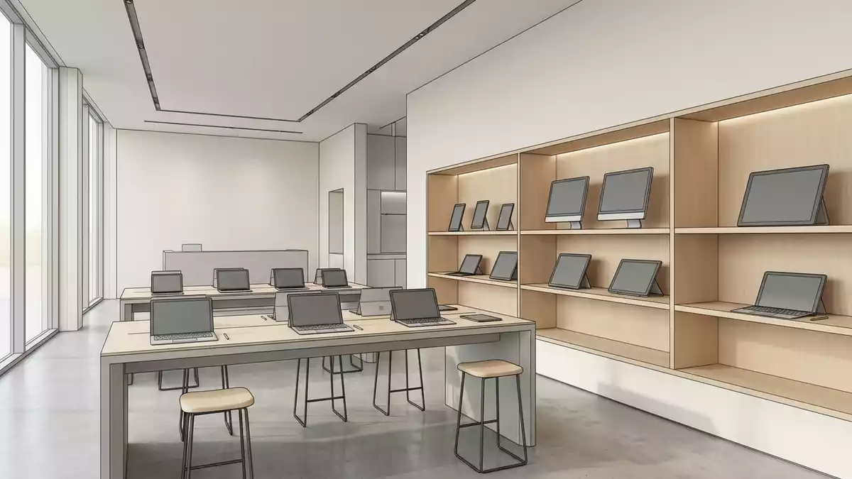 Architektur-Render im Computer Showroom mit Tablet Computer im Ausstellungsbereich