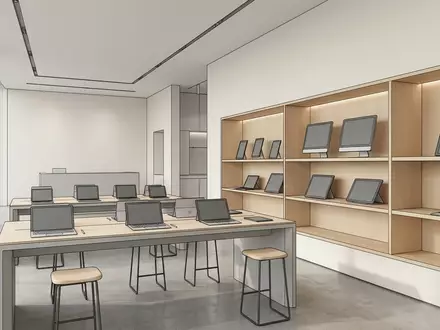 Architektur-Render im Computer Showroom mit Tablet Computer zum Thema ASUS ProArt PZ13 Copilot+, neutrales Tageslicht - Foto: THN