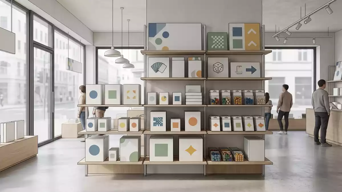 Architektur-Render im Brettspielladen mit Ratespiel im Ausstellungsbereich, neutral