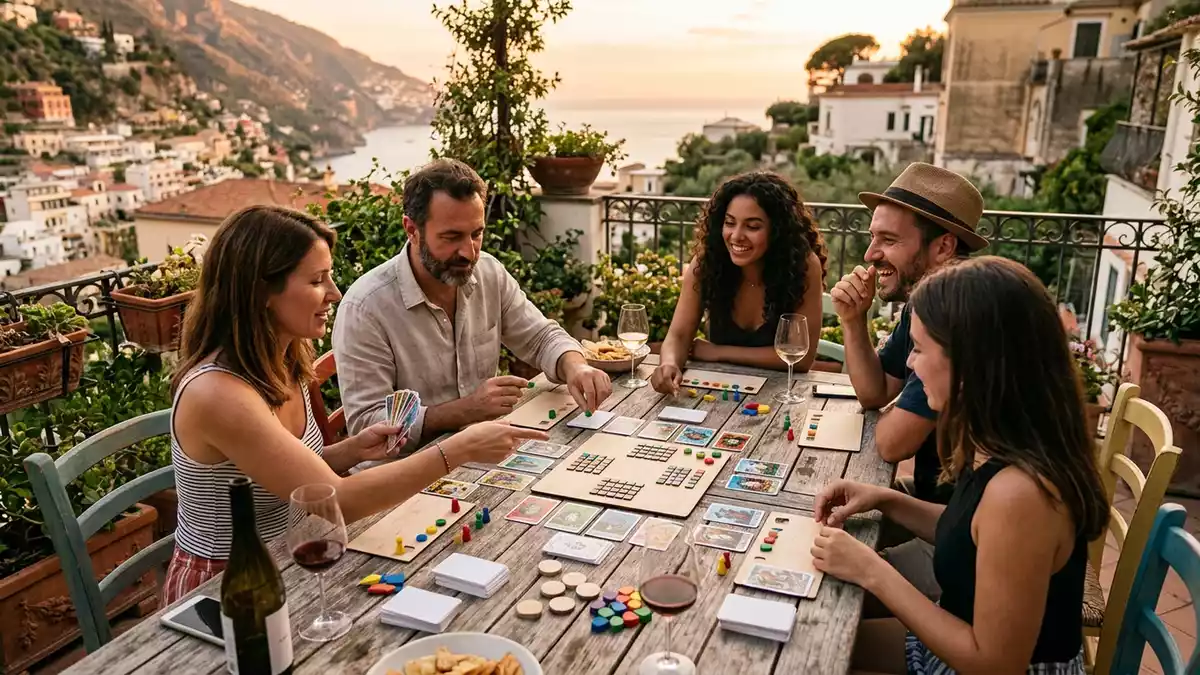 Fotorealistische Ansicht von Ratespiel auf der Terrasse in warmem Abendlicht, neutral