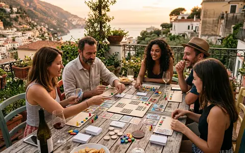 Fotorealistische Aufnahme von Ratespiel auf der Terrasse zum Thema Just One, warmes Abendlicht - Foto: THN