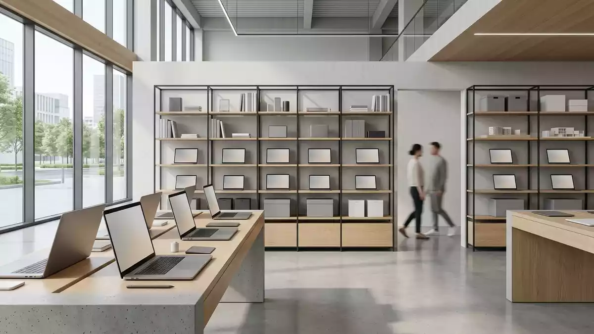 Architektur-Render im Computer Showroom mit Laptop im Ausstellungsbereich, neutral