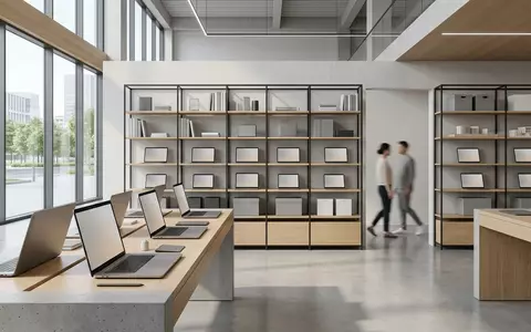 Architektur-Render im Computer Showroom mit Laptop zum Thema ASUS Vivobook S 15, neutrales Tageslicht - Foto: THN