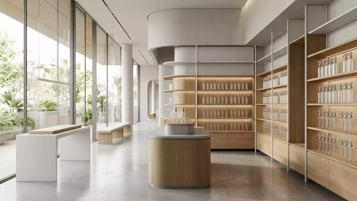 Architektur-Render im Kosmetikgeschaeft mit Sonnenschutzspray im Ausstellungsbereich