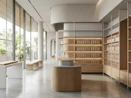 Architektur-Render im Kosmetikgeschaeft mit Sonnenschutzspray zum Thema Garnier Ambre Solaire Clear, neutrales Tageslicht - Foto: THN