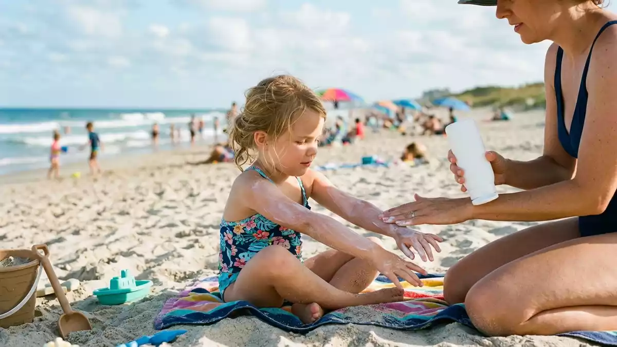 Fotorealistische Ansicht von Kinder-Sonnenschutz am Strand in realer Umgebung, neutral