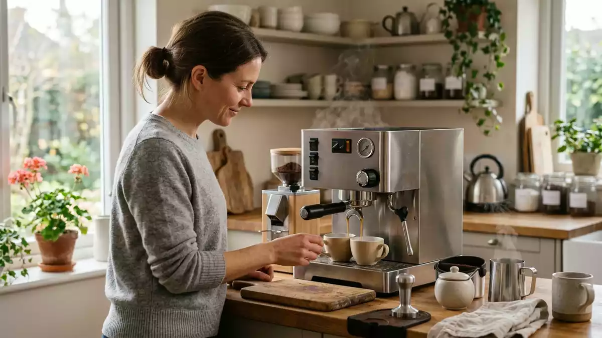 Fotorealistische Ansicht von Espressomaschine in der Kueche in realer Umgebung