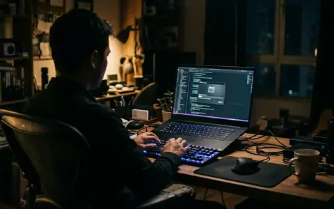Ein beleuchteter Gaming-Schreibtisch in einem dunklen Raum mit einem Laptop, auf dem verdächtige Software-Downloads angezeigt werden. - Foto: über boerse-global.de