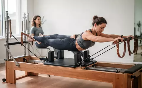 Eine Person trainiert konzentriert an einem Pilates-Reformer in einem hellen, modernen Fitnessstudio zur Stärkung der Rumpfmuskulatur. - Foto: über boerse-global.de