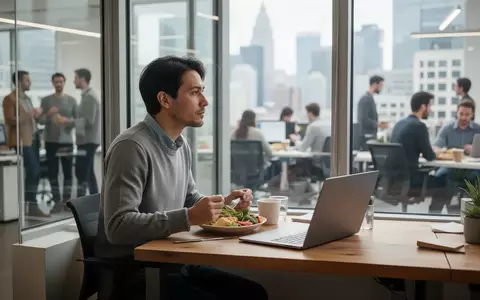 Ein Mitarbeiter sitzt allein an einem hellen Büroarbeitsplatz und macht eine bewusste Mittagspause mit Blick aus dem Fenster. - Foto: über boerse-global.de