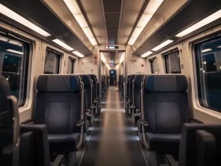 Innenansicht eines modernen ICE-Zugwaggons bei Nacht mit leeren Sitzreihen und atmosphärischer Beleuchtung. - Foto: über boerse-global.de