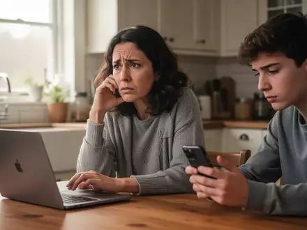 Ein besorgter Elternteil sitzt mit einem Laptop am Küchentisch, während ein Jugendlicher nebenan auf ein Smartphone schaut. - Foto: über boerse-global.de