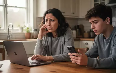 Ein besorgter Elternteil sitzt mit einem Laptop am Küchentisch, während ein Jugendlicher nebenan auf ein Smartphone schaut. - Foto: über boerse-global.de