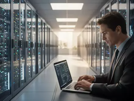 Ein professioneller Arbeitsplatz in einem modernen Rechenzentrum, in dem ein Mitarbeiter an einem Laptop arbeitet. - Foto: über boerse-global.de