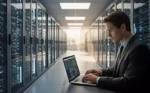 Ein professioneller Arbeitsplatz in einem modernen Rechenzentrum, in dem ein Mitarbeiter an einem Laptop arbeitet. - Foto: über boerse-global.de