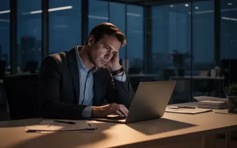 Erschöpfte Führungskraft an einem Schreibtisch in einem modernen Büro am Abend. - Foto: über boerse-global.de