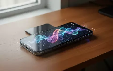 Ein modernes Smartphone auf einem Schreibtisch, dessen Display eine abstrakte, leuchtende KI-Benutzeroberfläche zeigt. - Foto: über boerse-global.de