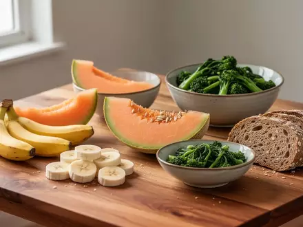Frische, gesunde Lebensmittel wie Bananen, Melone, grünes Gemüse und Vollkornbrot auf einem Holztisch. - Foto: über boerse-global.de