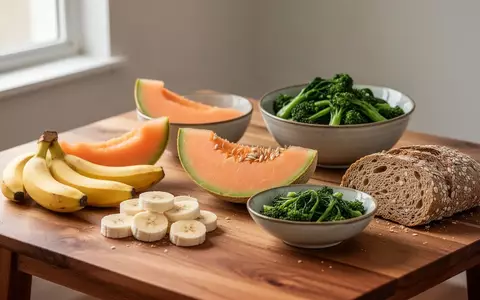 Frische, gesunde Lebensmittel wie Bananen, Melone, grünes Gemüse und Vollkornbrot auf einem Holztisch. - Foto: über boerse-global.de