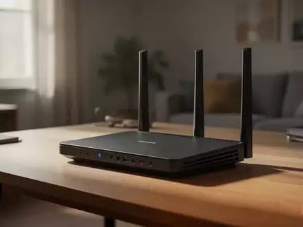 Ein moderner Router steht auf einem Schreibtisch in einem wohnlichen, minimalistisch gestalteten Heimbüro. - Foto: über boerse-global.de