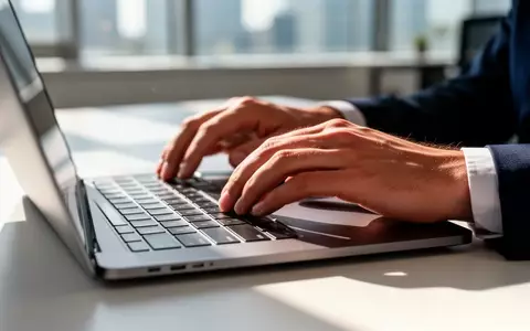 Nahaufnahme von Händen an einem Laptop in einem modernen Bürogebäude bei natürlichem Tageslicht. - Foto: über boerse-global.de