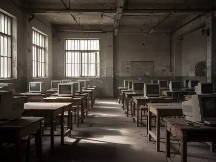 Ein verlassener Raum mit Schreibtischen und Computerbildschirmen in einem kargen, industriellen Komplex. - Foto: über boerse-global.de