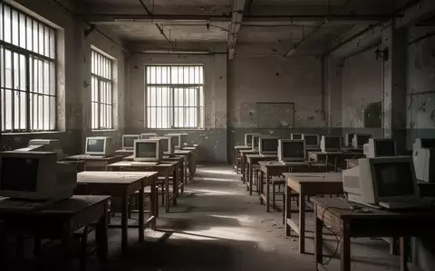Ein verlassener Raum mit Schreibtischen und Computerbildschirmen in einem kargen, industriellen Komplex. - Foto: über boerse-global.de
