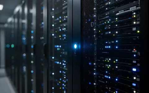 Dunkler Serverraum eines großen Unternehmens mit blau leuchtenden LED-Anzeigen an den Serverschränken. - Foto: über boerse-global.de