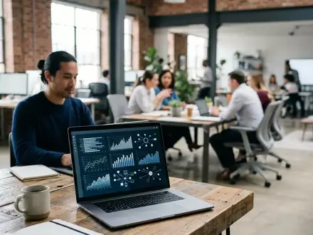 Ein moderner Büroarbeitsplatz mit einem Laptop, auf dem komplexe Datenanalysen und Compliance-Workflows zu sehen sind. - Foto: über boerse-global.de
