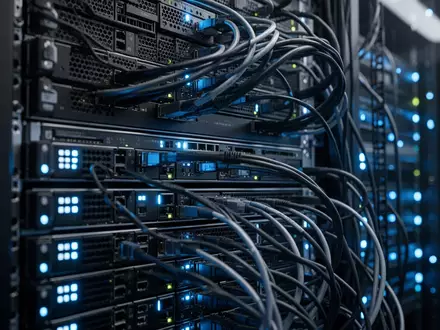 Modernes Server-Rechenzentrum mit leuchtenden blauen LED-Anzeigen und technischer Infrastruktur. - Foto: über boerse-global.de