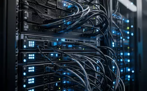 Modernes Server-Rechenzentrum mit leuchtenden blauen LED-Anzeigen und technischer Infrastruktur. - Foto: über boerse-global.de