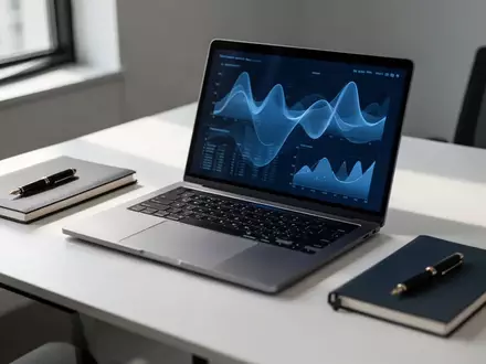 Ein minimalistischer Büroarbeitsplatz mit einem Laptop, auf dem abstrakte Datenvisualisierungen zu sehen sind. - Foto: über boerse-global.de