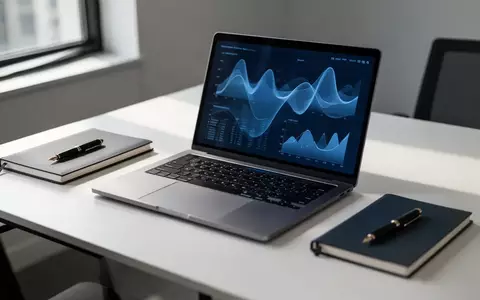 Ein minimalistischer Büroarbeitsplatz mit einem Laptop, auf dem abstrakte Datenvisualisierungen zu sehen sind. - Foto: über boerse-global.de