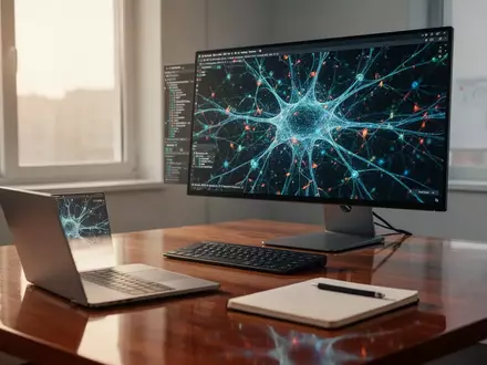 Ein moderner Arbeitsplatz mit einem Monitor, der eine abstrakte Visualisierung neuronaler Netzwerke zeigt. - Foto: über boerse-global.de