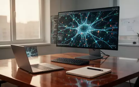 Ein moderner Arbeitsplatz mit einem Monitor, der eine abstrakte Visualisierung neuronaler Netzwerke zeigt. - Foto: über boerse-global.de