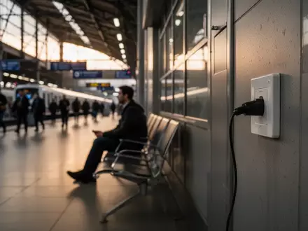 Ein unbeaufsichtigtes Ladekabel an einer Steckdose in einem belebten Bahnhofswarteraum. - Foto: über boerse-global.de