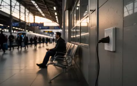 Ein unbeaufsichtigtes Ladekabel an einer Steckdose in einem belebten Bahnhofswarteraum. - Foto: über boerse-global.de