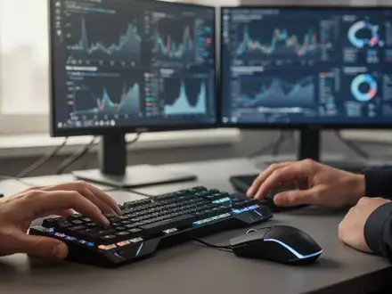Blick auf einen modernen Arbeitsplatz mit Gaming-Hardware und unscharfen Daten-Monitoren im Hintergrund. - Foto: über boerse-global.de