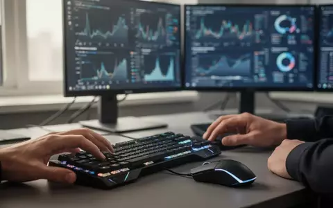 Blick auf einen modernen Arbeitsplatz mit Gaming-Hardware und unscharfen Daten-Monitoren im Hintergrund. - Foto: über boerse-global.de