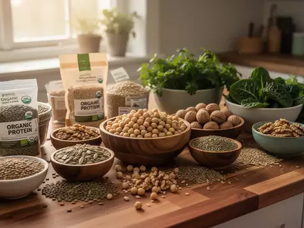 Eine Auswahl an proteinreichen, pflanzlichen Lebensmitteln wie Linsen, Kichererbsen und Nüssen auf einer Holzanrichte. - Foto: über boerse-global.de