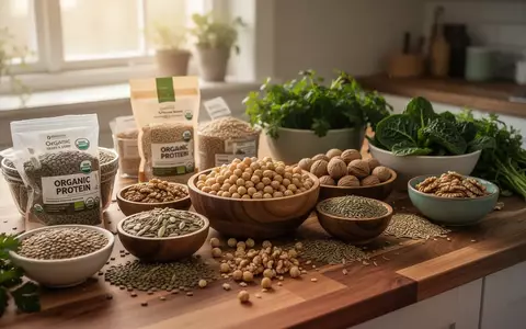 Eine Auswahl an proteinreichen, pflanzlichen Lebensmitteln wie Linsen, Kichererbsen und Nüssen auf einer Holzanrichte. - Foto: über boerse-global.de